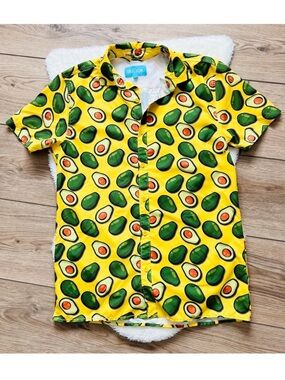 Avocado Print Short Sleeve Button-Up Shirt - Yellow & Green